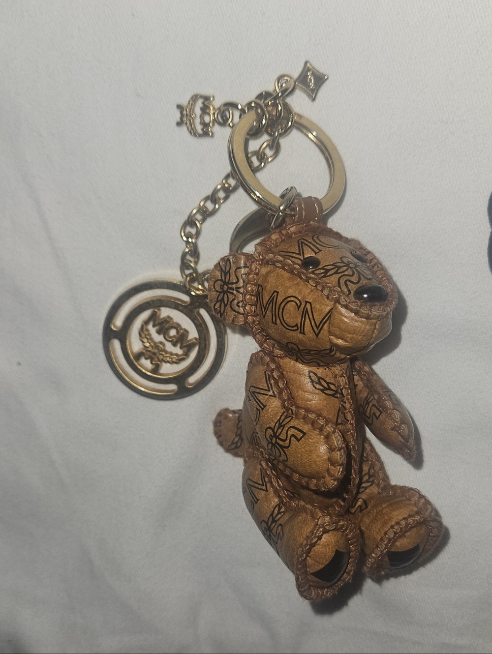 MCM Cognac Monogram Teddy Bear Bag Charm with Gold Hardware